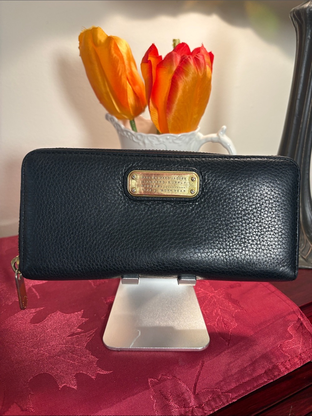 Marc Jacobs Black Pebbled Leather Zip Wallet with Gold Plaque